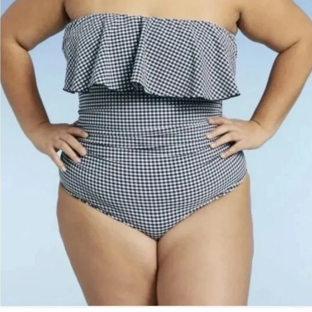 Kona‎ Sol Ruffle Seersucker Swimsuit Woman Plus 20W Removable Strap Blue Gingham
